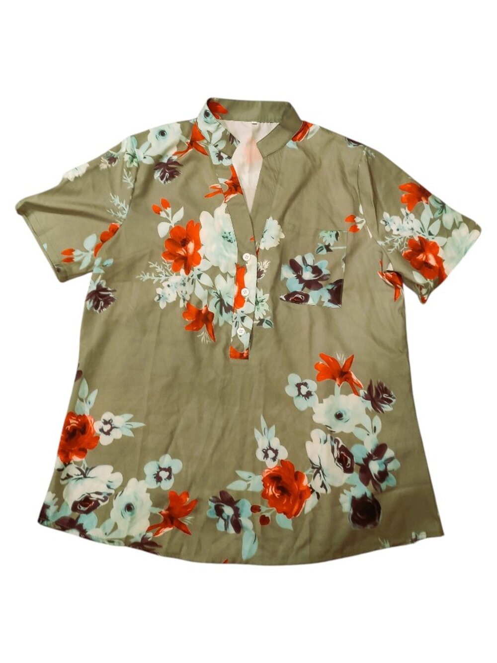 Green-Grey Blouse with Red and Blue Florals Size Large